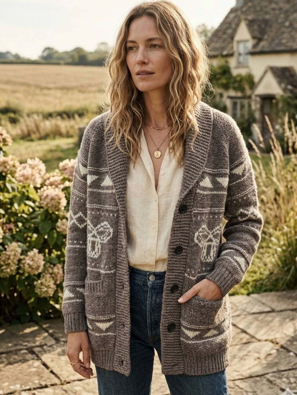 TNA 100% Lambswool Shawl-Collar Cardigan Sweater in Taupe and Cream